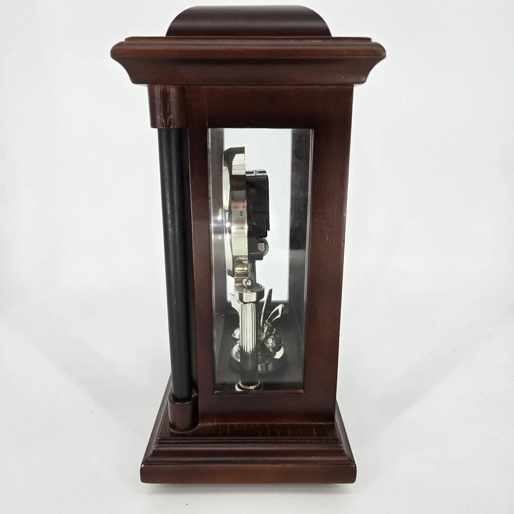 Stiffel Quartz Mantel Clock Rotating Pendulum Wood Glass Case Working Vintage